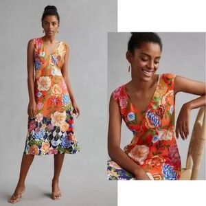 Anthropologie Painterly Open-Back Midi Dress Orange Floral US4